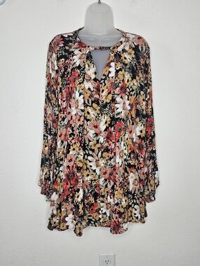 Umgee Boho Hippie Bell Sleeve Keyhole Pleated V-Neck A-Line Flowy Floral Dress